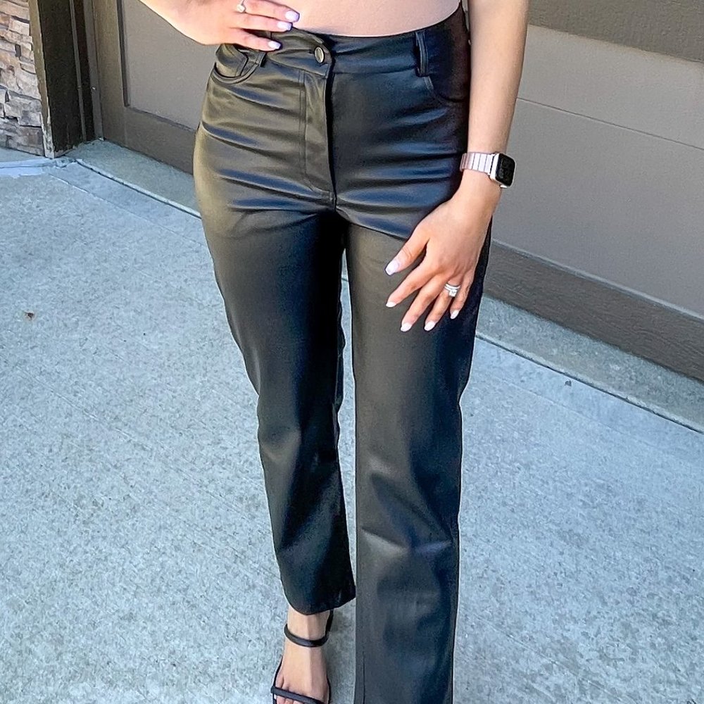Black Vegan Leather Straight Leg High Waist Pants - ILLA ILLA